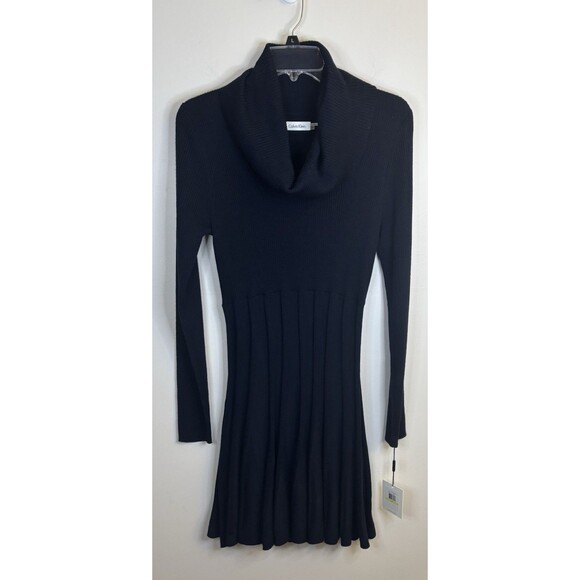 CALVIN KLEIN Fit & Flare Cowlneck Navy Sweater Dress Women Medium Ribbed Pleats - Picture 1 of 10